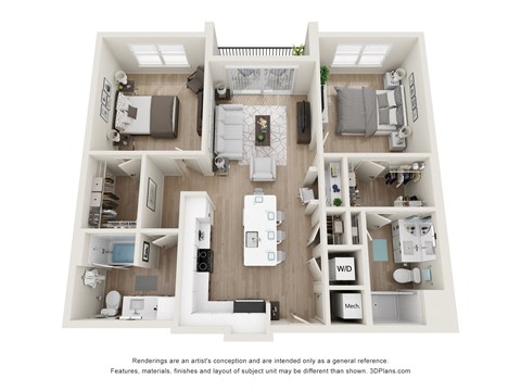Floor plan for 2 beds, 2 baths, 1083 sqft